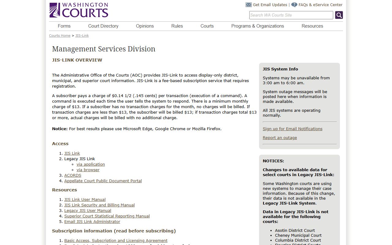 Washington bench warrants JIS-Link portal